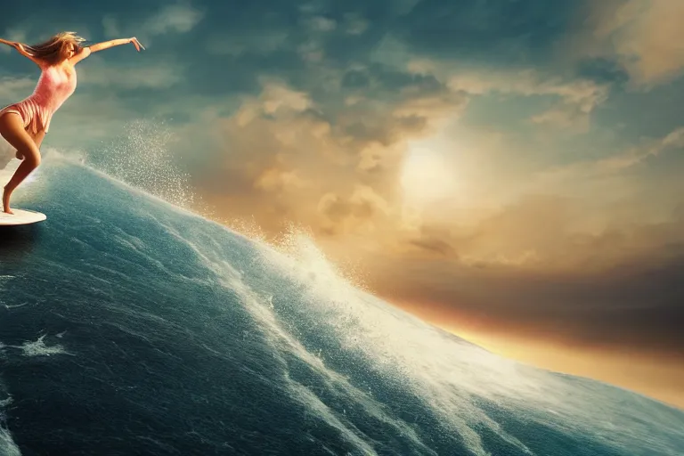 Prompt: girl surfing on a cloud, 4 k, ultra details, cinematic, epic style, beautiful photo, hyper realistic, octane render, unreal engine, award winning, on artstation, volumetric lightning, masterpiece, golden hour,