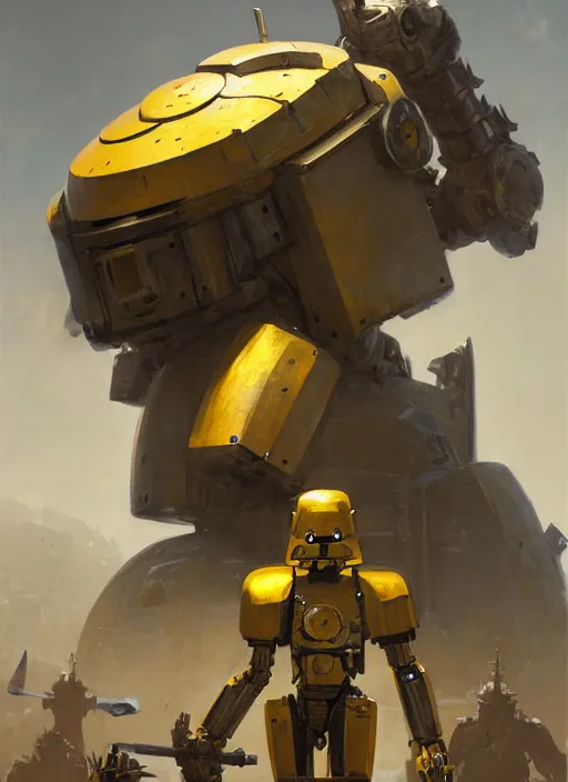 Prompt: human-sized strong intricate yellow pit droid carrying very detailed great sword and beautiful large paladin shield and longsword, pancake short large head, exposed metal bones, painterly humanoid mecha, by Greg Rutkowski