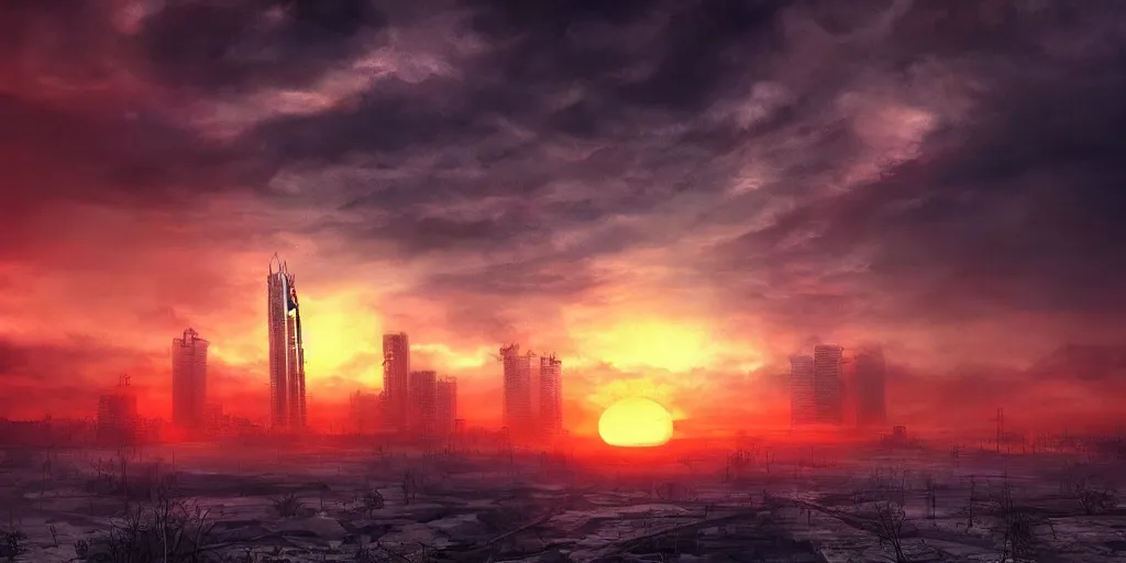 Image similar to nuclear winter, jakarta city, near future, fantasy, sci - fi, hyper realistic, serene, sunset.