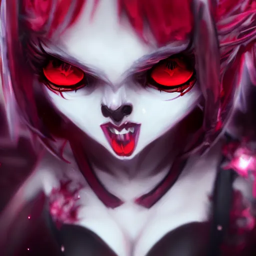 Prompt: beautiful digital art of remilia scarlet, red eyes, full round face, evil smile, spooky setting, medium shot, mid-shot, hyperdetailed, pixiv, trending on Artstation, Unreal Engine 4k