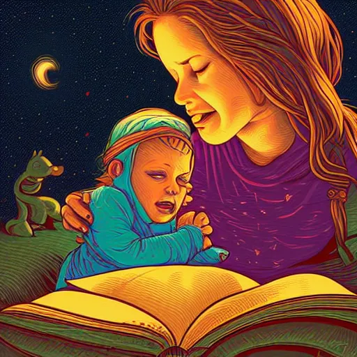 Prompt: a mother singing lullabies to a little cute sleepy girl by Dan Mumford