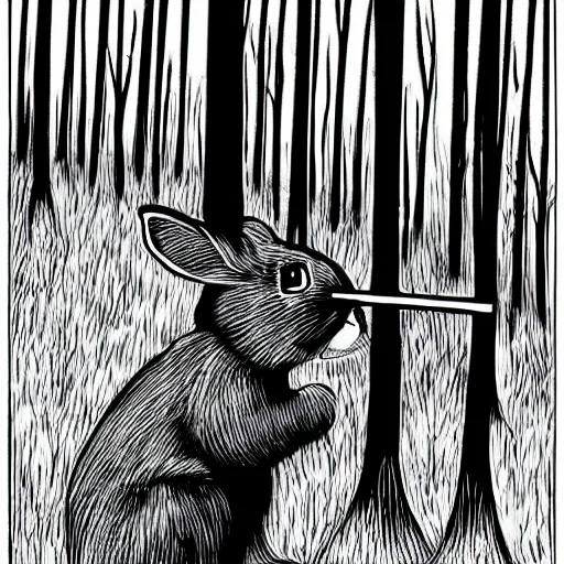 Prompt: a rabbit smoking a cigarette deep in the forest, striking pose, black and white illustration, creative design by junji ito
