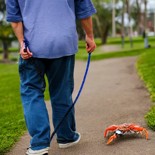 Image similar to elderly man walking a pet crab, leash, park, happy, canon eos r 3, f / 1. 4, iso 2 0 0, 1 / 1 6 0 s, 8 k, raw, unedited, symmetrical balance, wide angle