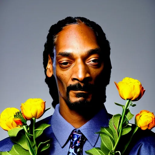 Prompt: Snoop Dogg holding a Vase of flowers for a 1990s sitcom tv show, Studio Photograph, split lighting, portrait, C 12.0