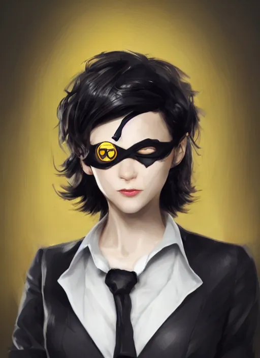 Image similar to a highly detailed illustration of beautiful short black messy haired woman wearing eyepatch and noir style suit and tie, yellow eyes, dramatic smiling pose, intricate, elegant, highly detailed, centered, digital painting, artstation, concept art, smooth, sharp focus, league of legends concept art, WLOP