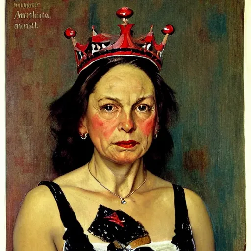 Image similar to Frontal portrait of a maximalist queen of fictional ethnicity. A painting by Norman Rockwell.