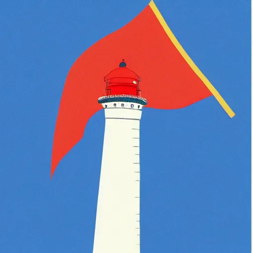 Prompt: a tricolour linen flag depicting a lighthouse that is made of white stone on a small coral island surrounded by ocean, flat graphic design