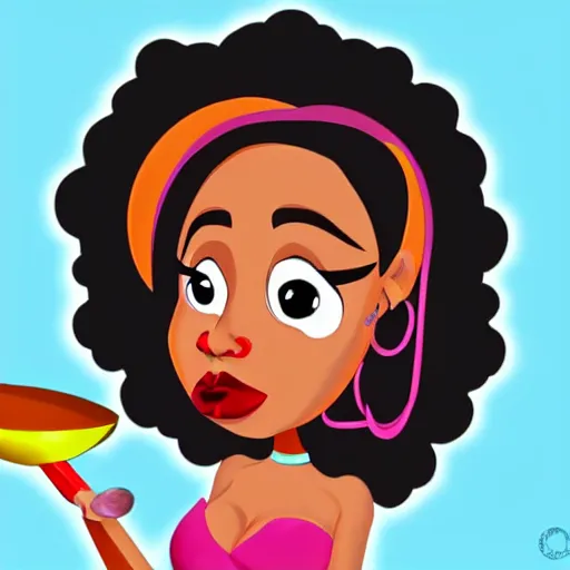 Prompt: Cartoon caricature of Doja Cat with a spoon in her hand