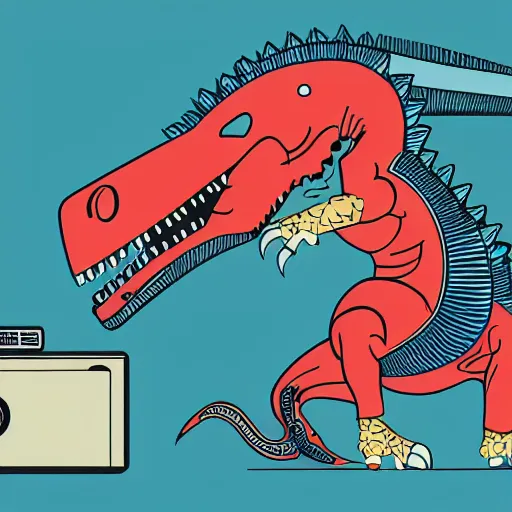 Image similar to memphis design, retro, 90s, detailed illustration, dinosaur samurai with a boombox