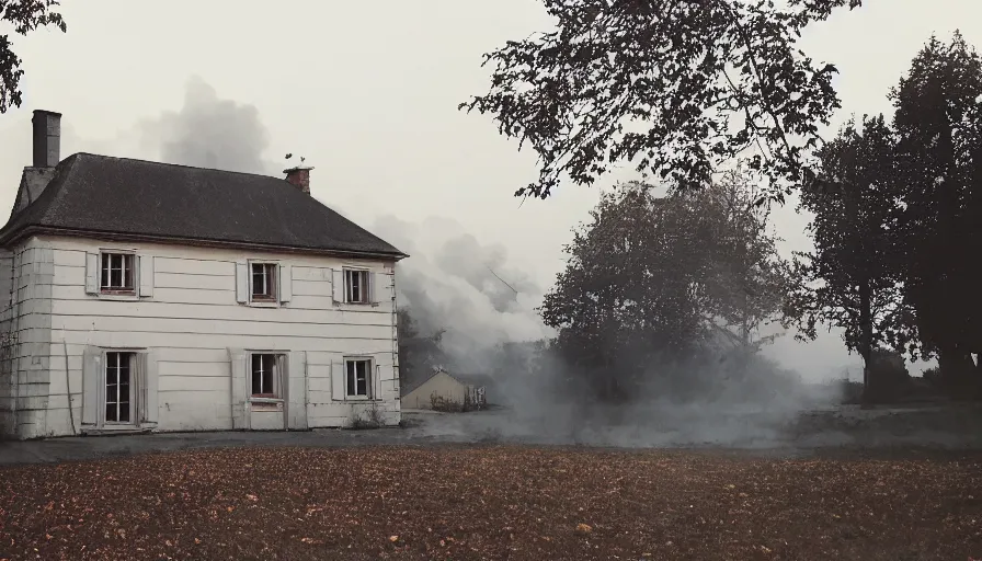 Image similar to 1 9 7 0 s movie still of a heavy burning french style little house by night in autumn, in a small northern french village, by sony mini dv camera, heavy grain, low quality, high detail, dramatic light, anamorphic, flares