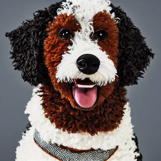 Image similar to a closeup photorealistic photograph of a smiling knitted bernedoodle judge dog dressed in a black gown, presiding over the courthouse. indoors, professional capture, well lit shot. this 4 k hd image is trending on artstation, featured on behance, well - rendered, extra crisp, features intricate detail, epic composition and the style of unreal engine.