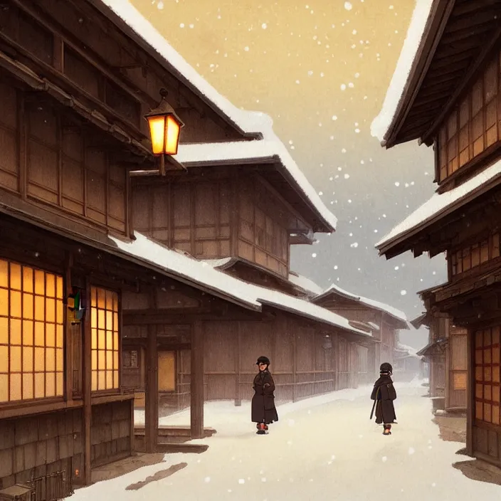 Image similar to empty rural japanese town at night, winter, in the style of studio ghibli, j. c. leyendecker, greg rutkowski, artem