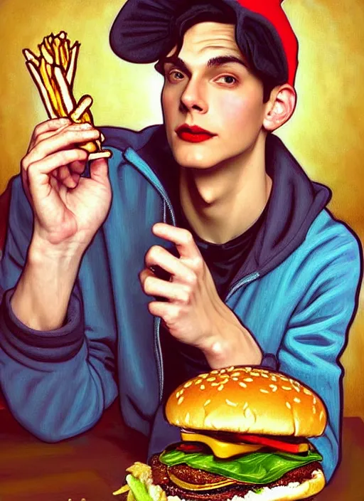 Prompt: oil painting, jughead jones wears a crown and devours a hamburger, intricate, elegant, highly detailed, lighting, painting, artstation, smooth, illustration, art by greg rutowski and alphonse mucha