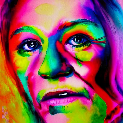 Image similar to portrait of janice joplin in psychedelic colors, painted by pablo amaringo