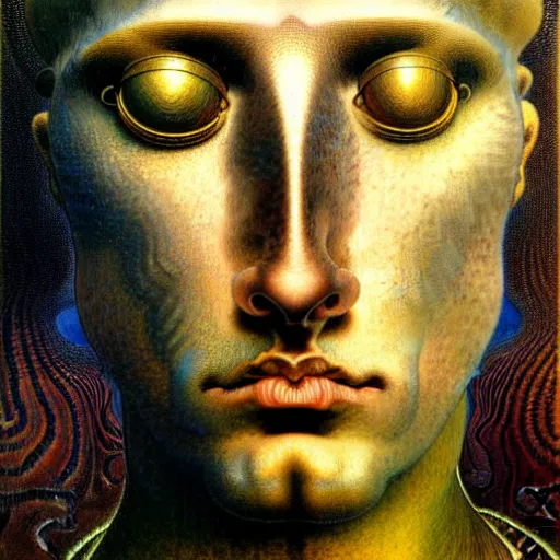 Image similar to realistic extremely detailed portrait painting of an average futuristic man by Jean Delville, Amano, Yves Tanguy, Alphonse Mucha, Ernst Haeckel, Edward Robert Hughes, Roger Dean, rich muted pastel moody colors, gold eyes