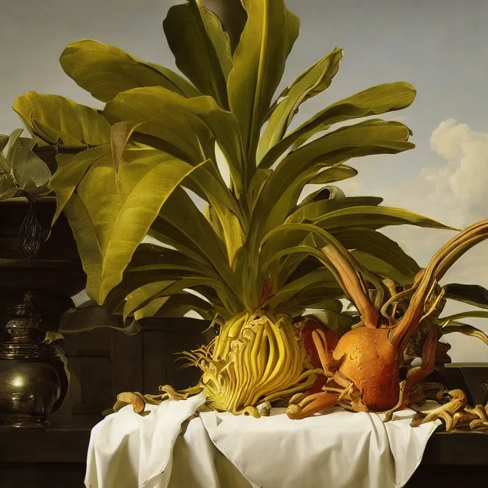 Image similar to still life painting of exotic alien plants by pieter claesz, oil on canvas, strong lighting, highly detailed, hyper realism, golden hour, god rays, hd, 4 k