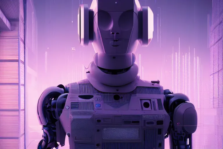 Image similar to hyperrealism stock photography of highly detailed stylish humanoid robot in sci - fi cyberpunk style by gragory crewdson and vincent di fate with many details by josan gonzalez working in the highly detailed data center by mike winkelmann and laurie greasley hyperrealism photo on dsmc 3 system rendered in blender and octane render