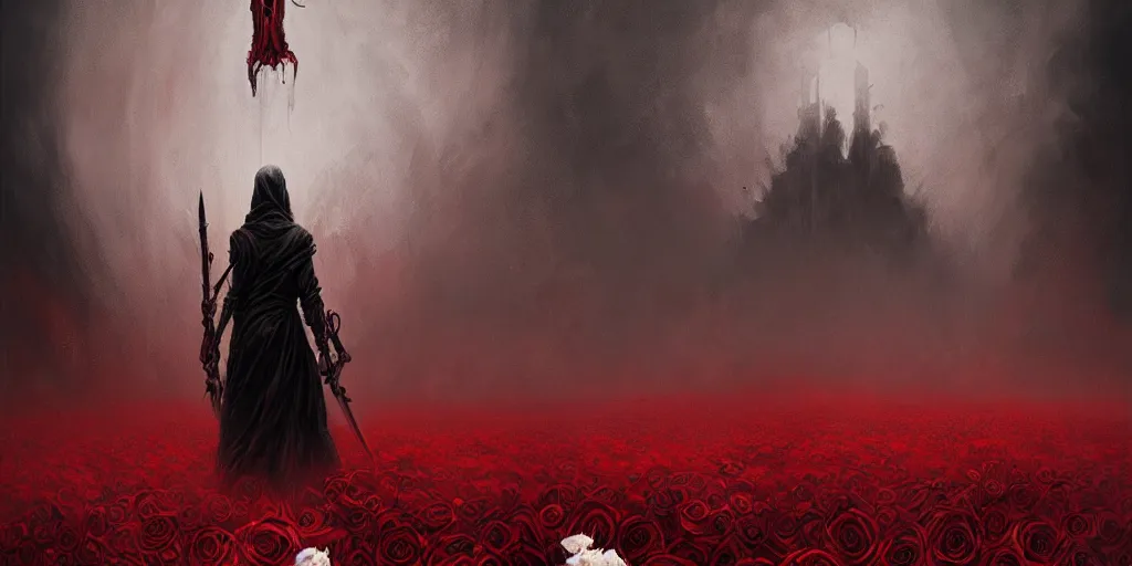 Image similar to poster style, a beautiful and terrifying painting with high details of a panoramic view of a reaper holding a long sickle, with red fluid white roses in the foreground, movie atmosphere, movie lights, 8 k, light effect, rtx on, trending on artstation, by kilian eng, lee madgwick, bastien lecouffe - deharme