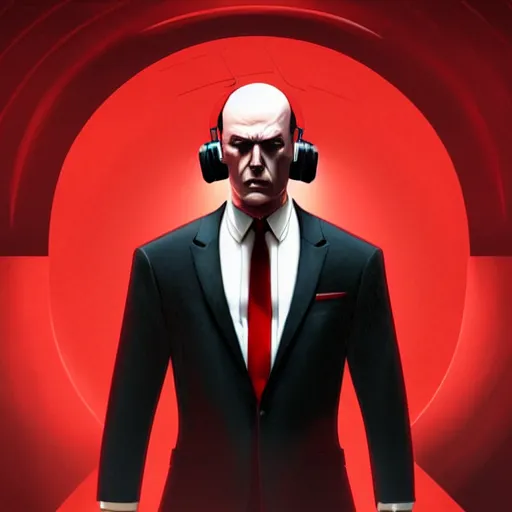 Image similar to a concept art portrait of agent 4 7 from hitman wearing headphones, dark background, red rim light, highly detailed, smooth, sharp focus, art by jason chan