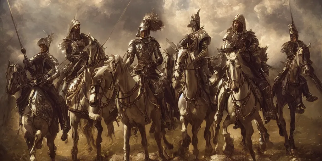 Image similar to a stunning and noble highly detailed romantic period style painting of the knights of camelot by james jean, josep tapiro baro and harles sillem lidderdale, trending on artstation, oil painting masterpiece, symmetry, rule of thirds, mysterious