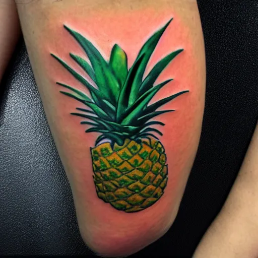 Image similar to professional 3 d render of a ripe luscious pineapple tattoo on an arm that's also edible