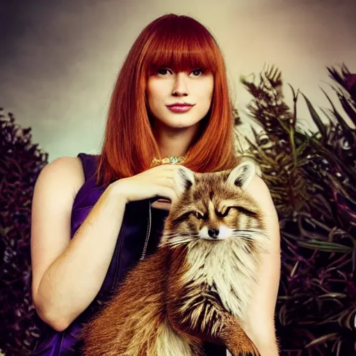 Prompt: a high - fashion photo of a slender beautiful woman with straight ginger hair and bangs, wearing purple leathers and gold helmet, posing with large ginger tabby and raccoon on a motorcycle in front yard, holding toasted brioche bun, dramatic lighting, 8 5 mm lens