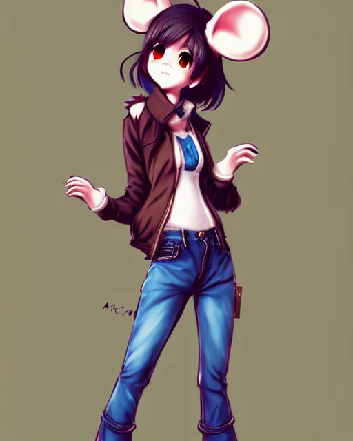 Image similar to fullbody portrait of anthropomorphic half - mouse fluffy cute anime woman in jeans coat, concept art, anime art, by a - 1 picture, trending on artstation artgerm, furaffinity, ross tran, marc davis