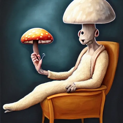 Image similar to painting of a mushroom alien sitting in a recliner by the fire smoking a pipe and wearing a soft robe and slippers, symmetrical, elegant intricate digital painting, trending on artstation, by normal rockwell