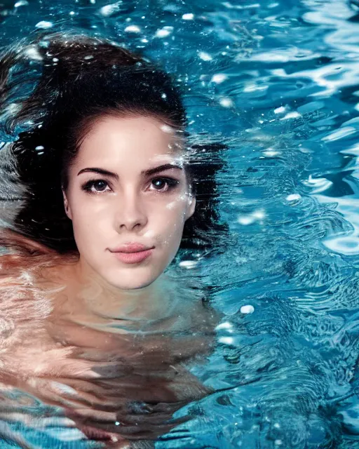 Prompt: a portrait photo of a beautiful young woman floating underwater with reflections, serene and beautiful, dark background, single top lighting