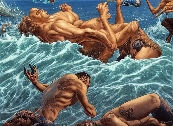 Image similar to 🌊🏖🏄♂, lowbrow, 3 - d highly detailed, in the style of, gerald brom,