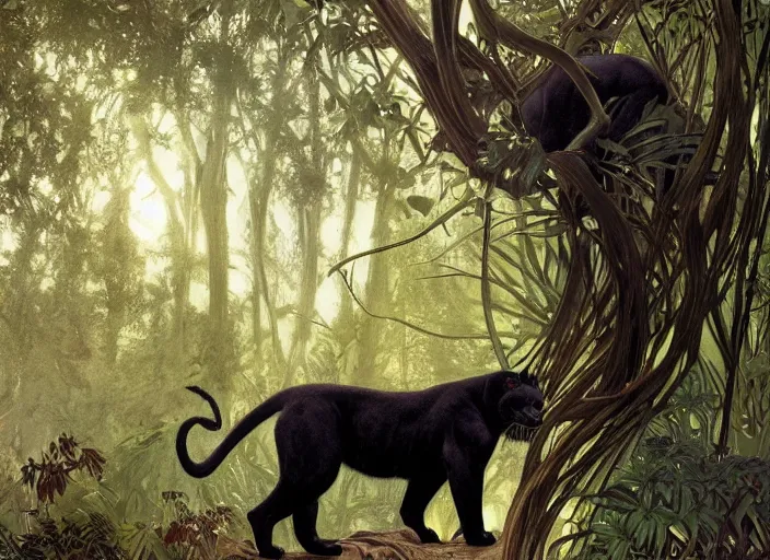 Image similar to animal concept of a black panther melanistic deep black leopard walking on a lush intricate tree, accurately portrayed, portrait art by alphonse mucha and greg rutkowski, highly detailed, digital painting, concept art, illustration, dim lighting with twilight rays of sunlight, trending on artstation, very detailed, smooth, sharp focus, octane render, close up