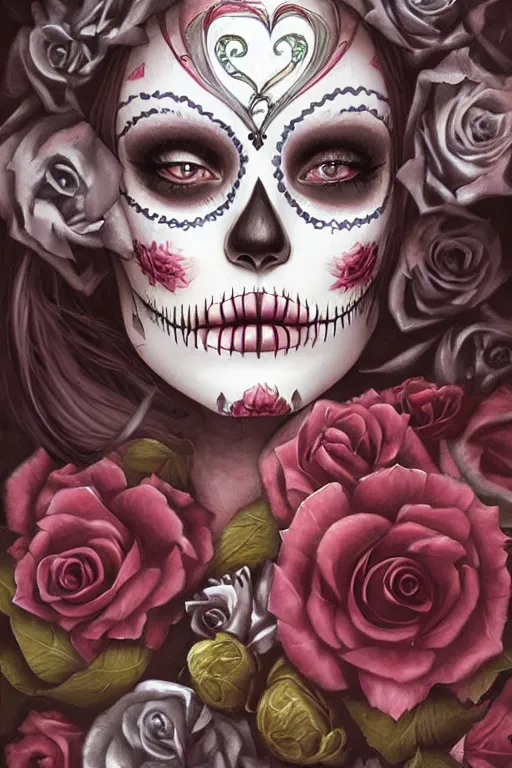 Image similar to illustration of a sugar skull day of the dead girl, art by lise deharme