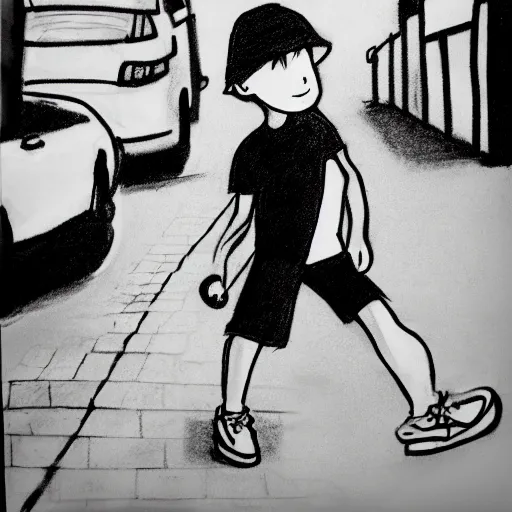 Prompt: a street artist cartoon sketch black and white chalk sketch of a boy wearing a baseball cap holding an ice cream cone