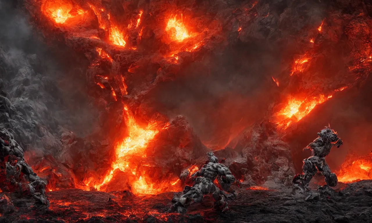 Prompt: a fire golem emerging from the crater of a volcano surrounded by the police and the army, dramatic effects, epic composition, large scale, octane render, digital art, sharp focus, 8k trending on artstation, action pose