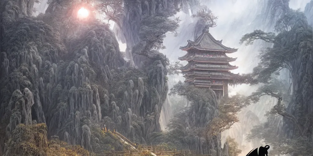 Image similar to lone superhero in a highly detailed cinematic castle entrance in an ancient chinese bamboo forest landscape by feng zhu, wayne barlowe, perfect geometry, hyper - detailed, sharp, beautiful, desaturated, beautiful lighting, oil on canvas, sunset