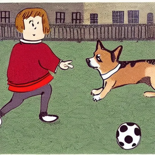 Image similar to illustration of french boy on the streets of paris playing football against a corgi, the dog is wearing a polka dot scarf, comic, 1 9 7 2