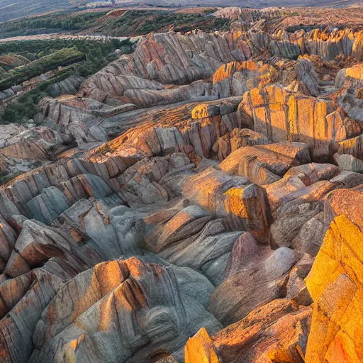 Image similar to bottom-up view from a huge deep multicoloured rock quarry in the evening light ultra detailed by National Geographic style, golden hour, atmospheric lighting, 8k resolution, best color graded, vray beautiful, hyper-realistic render W 1080 H 1080