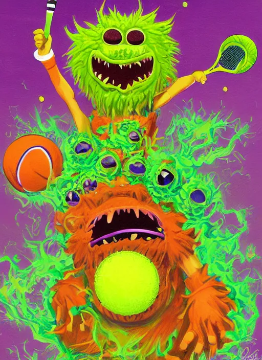 Image similar to tennis ball monsters playing tennis, a tennis ball monster ,tennis ball,amazing, lasers, explosions, fire, digital art, fantasy, magic, trending on artstation, ultra detailed, professional illustration,chalk, poster artwork by Basil Gogos , clean