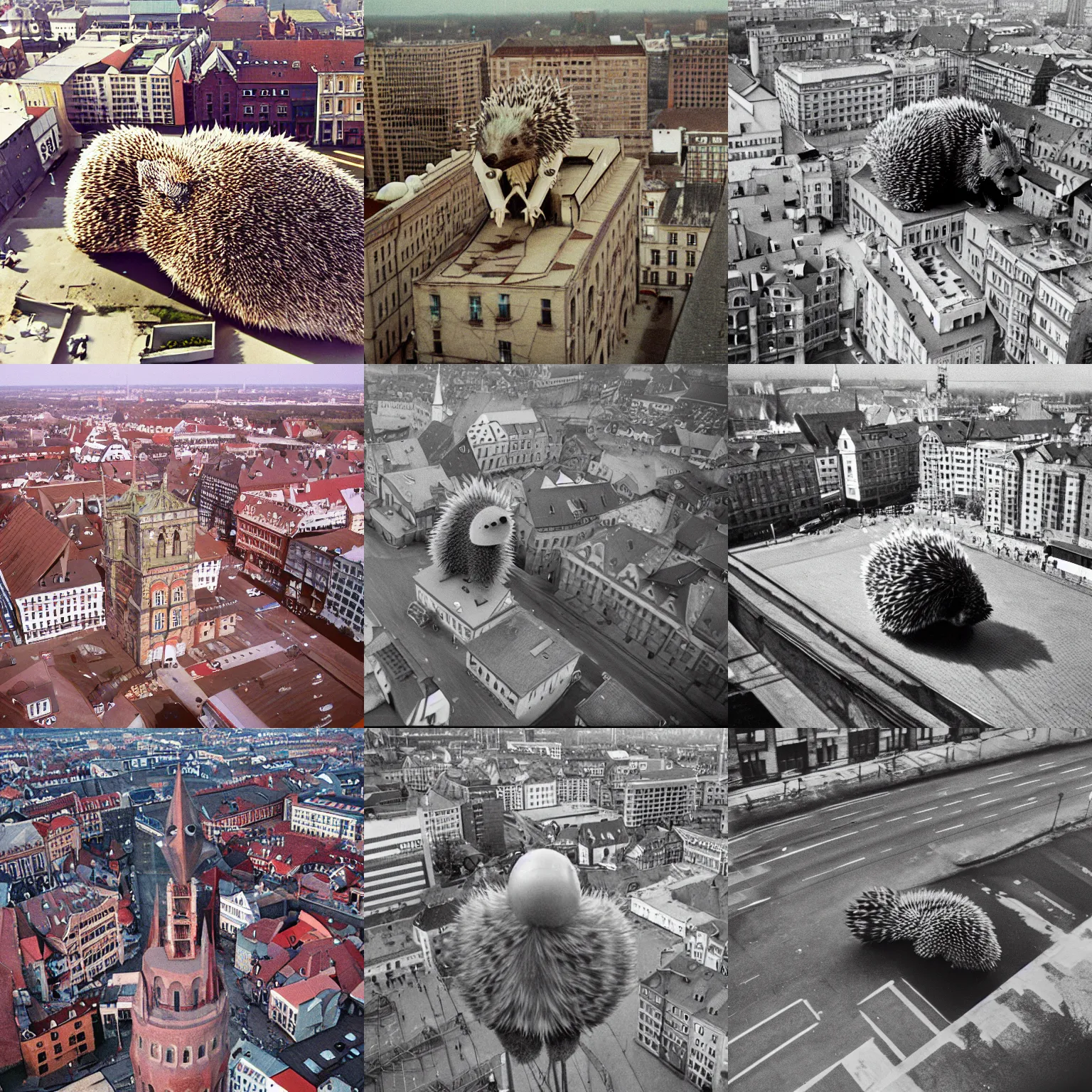 Prompt: in empty!!!! legnica , giant hedgehog , film still, high view
