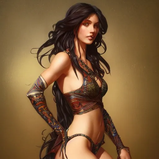 Image similar to full body portrait of a terrible beautiful girl bikini, d & d, fantasy, intricate, elegant, highly detailed, digital painting, artstation, concept art, smooth, sharp focus, illustration, art by artgerm and greg rutkowski and alphonse mucha