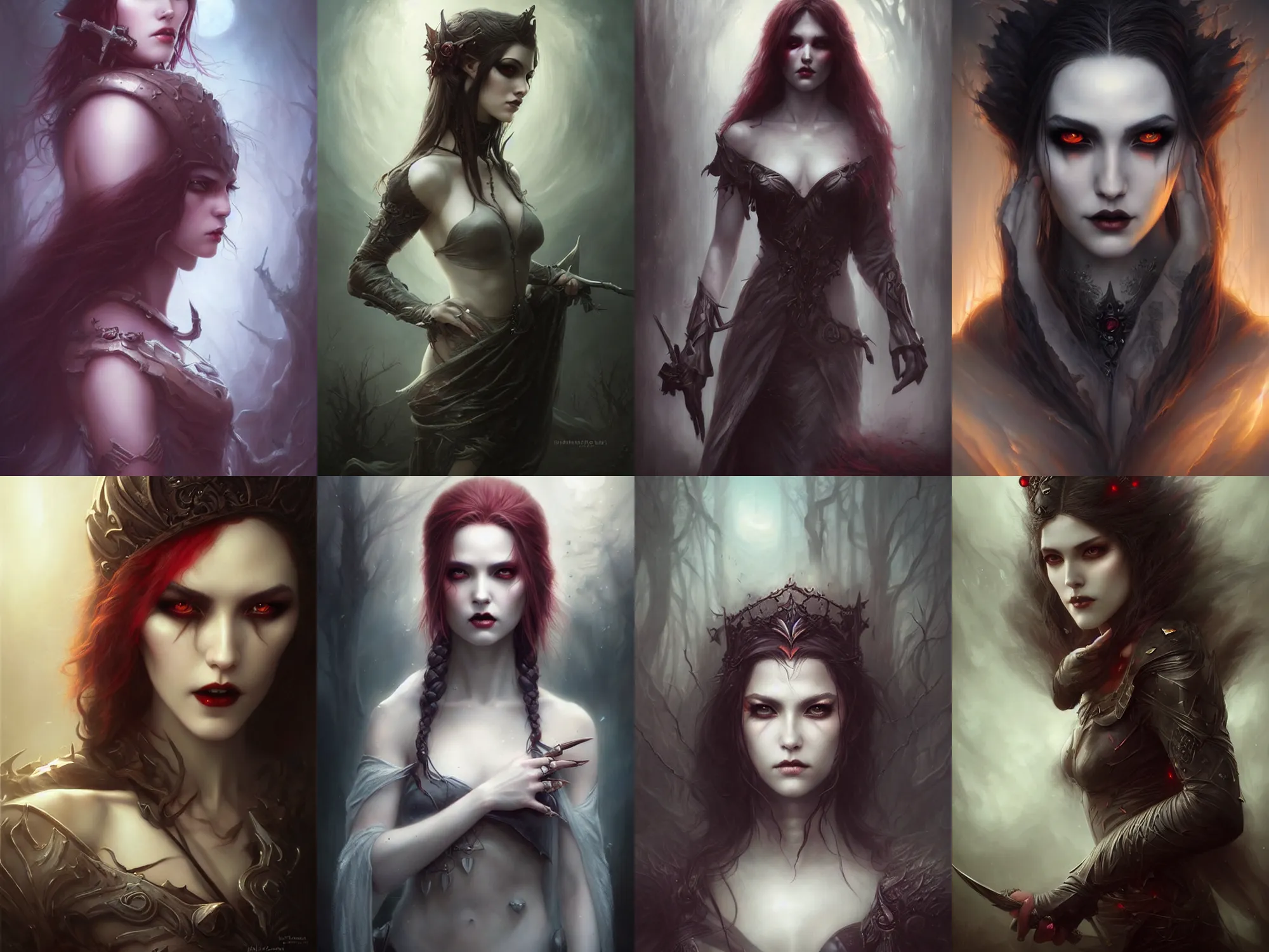 Prompt: a hauntingly beautiful vampire warrior princess, painted by artgerm and tom bagshaw, fantasy art, dramatic lighting, highly detailed oil painting
