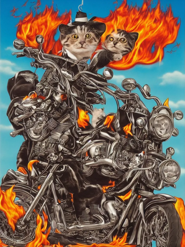 Image similar to a cat riding Harley Davidson on fire Mark Ryden and Alex Gross, Todd Schorr highly detailed