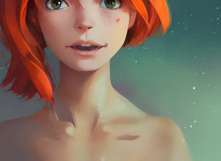 Image similar to portrait of a beautiful smiling girl with orange hair and freckles, green eyes, highly detailed, digital painting, concept art, smooth, sharp, focus, illustration. background is purple, anime key visual, lois van baarle, ilya kuvshinov, rossdraws, artstation