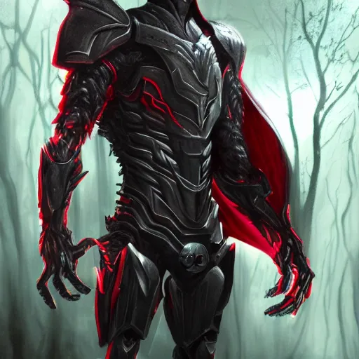 Image similar to extremely detailed artwork of an armored dark figure in a dark evil forest, glowing crimson head, crimson fire head, Sauron, Ultron, speedster, fantasy art, fog, heavy armor, knights armor, cinematic pose, 8k, villain