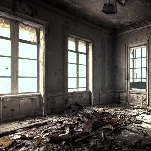 Prompt: abandoned house interior, grunge, cinematic composition, hyper realistic, 8k resolution, unreal engine 5