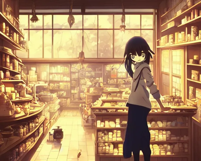 Image similar to anime visual, portrait of a young female traveler in a alchemist's shop interior, cute face by yoh yoshinari, katsura masakazu, studio lighting, dynamic pose, dynamic perspective, strong silhouette, anime cels, ilya kuvshinov, cel shaded, crisp and sharp, rounded eyes, moody