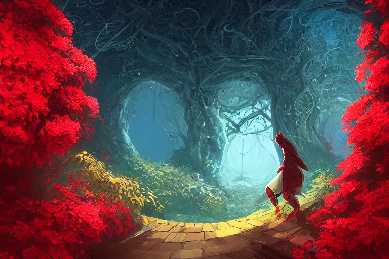 Prompt: broken arches leading to the pillars of eternity draped with red flowers and vines, blue sky, lens flare, a sense of mystery, cinematic, ultra detailed, intricate, trending on artstation, 8K, comic book illustration by Cyril Rolando, David Wiesner