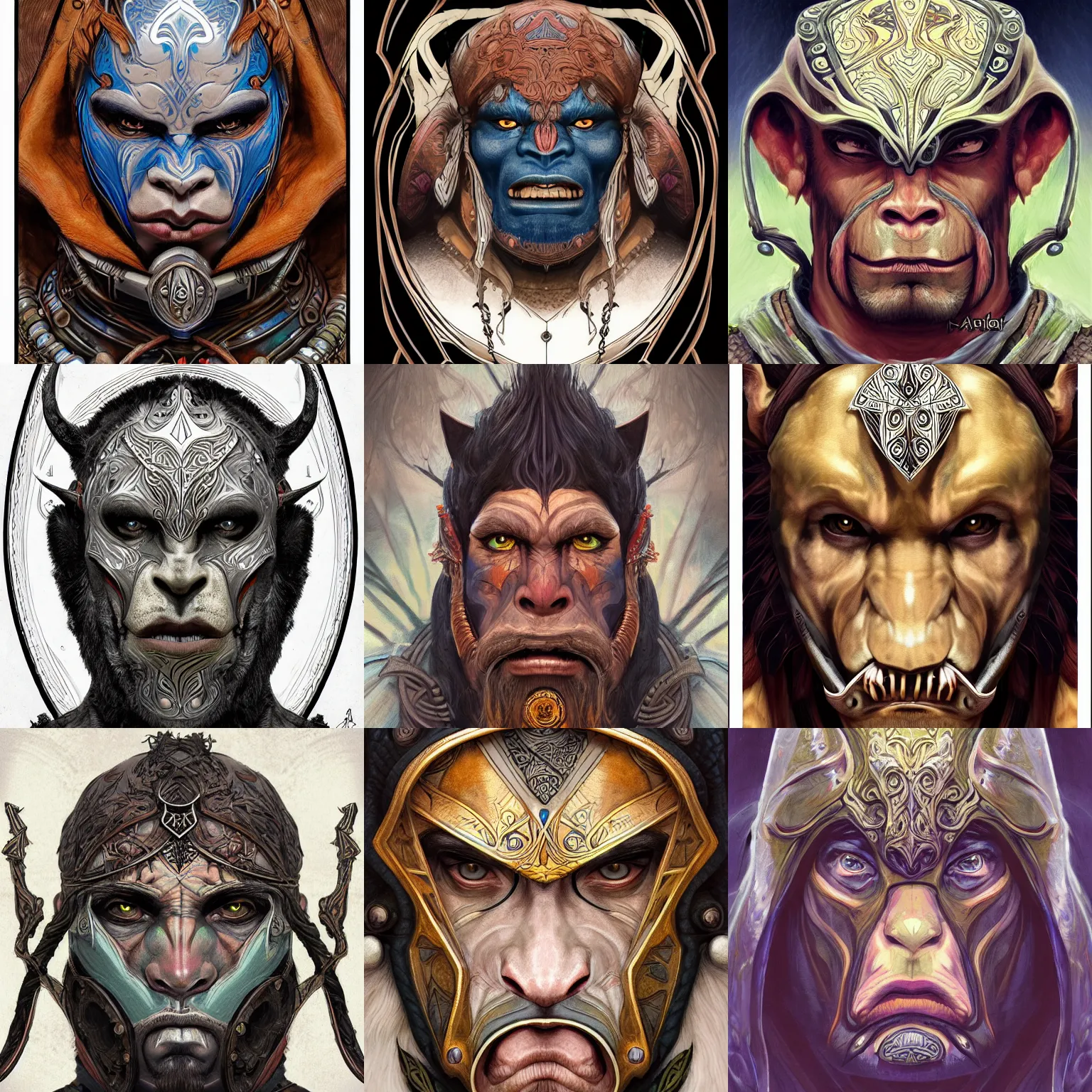 Prompt: head-on symmetrical centered painted portrait, male orc druid, shaman leather armour, art nouveau, tarot card style, tarot card style, fantasy, intricate, elegant, highly detailed, smooth, sharp focus, illustration, artstation, in the style of Artgerm and Anna Podedworna and Alex Ross and Mucha