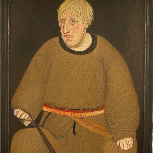 Image similar to the peasant boris johnson from 1 2 th century england, exhibited in the british museum, oil on canvas, art, restored painting