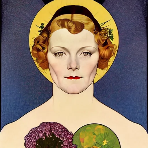 Prompt: Art in the style of Coles Phillips, Gaia, Full figured Mother Earth, portrait, Mucha, Georgia O'Keeffe